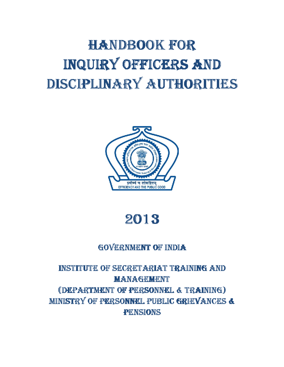 Handbook FOR Inquiry Officers AND Disciplinary Authorities Studocu