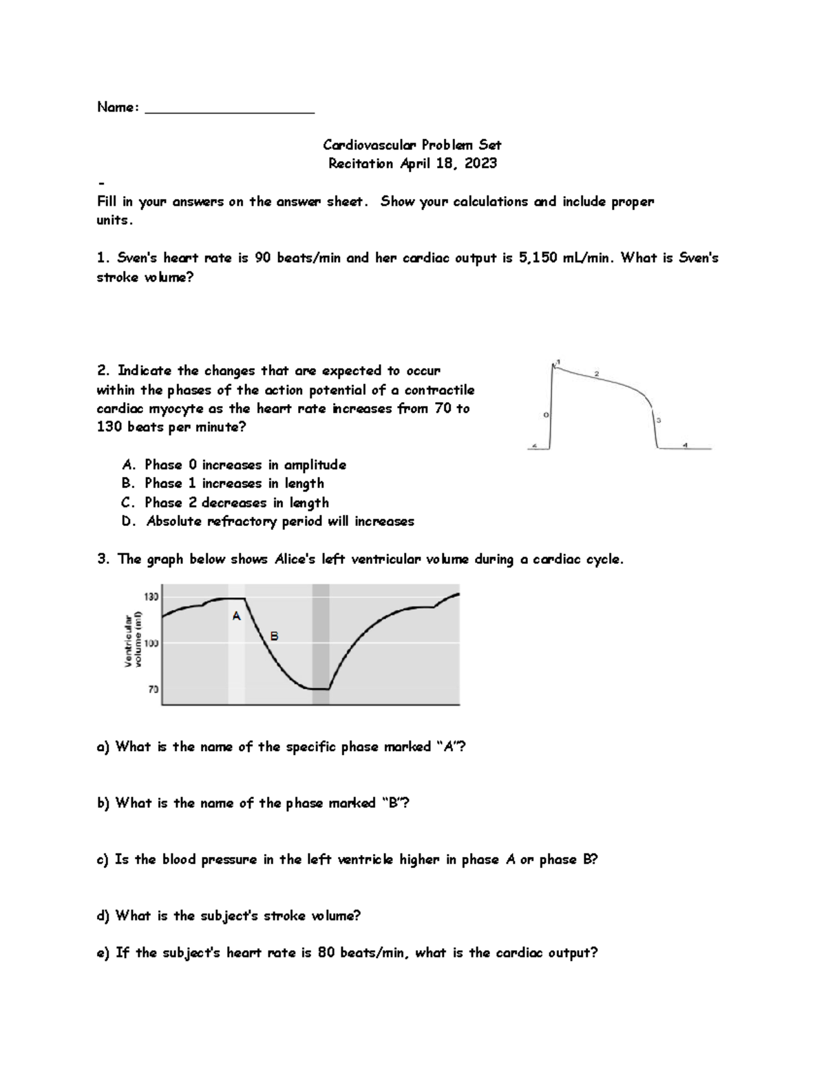 Cardiovascular Problem Set Apr 2023 - Name ...