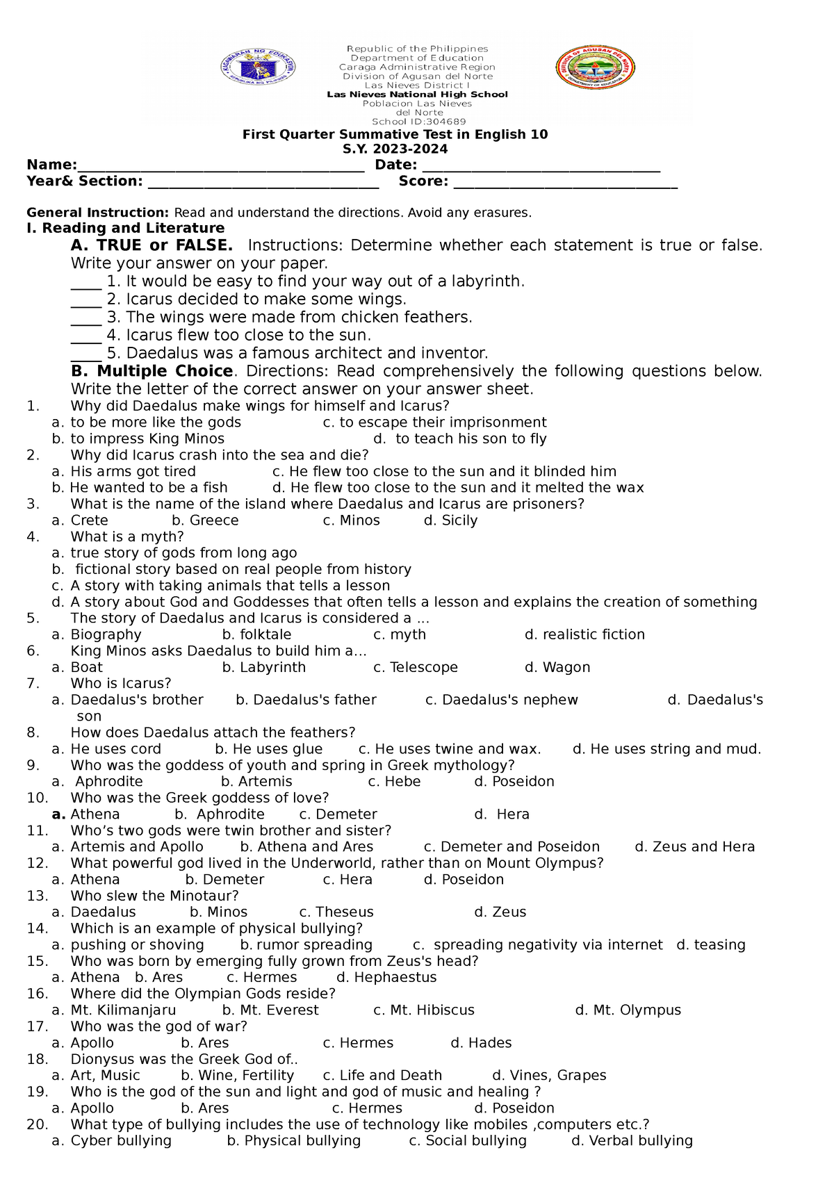 Summative Test 20232024 First Quarter Summative Test in English 10 S