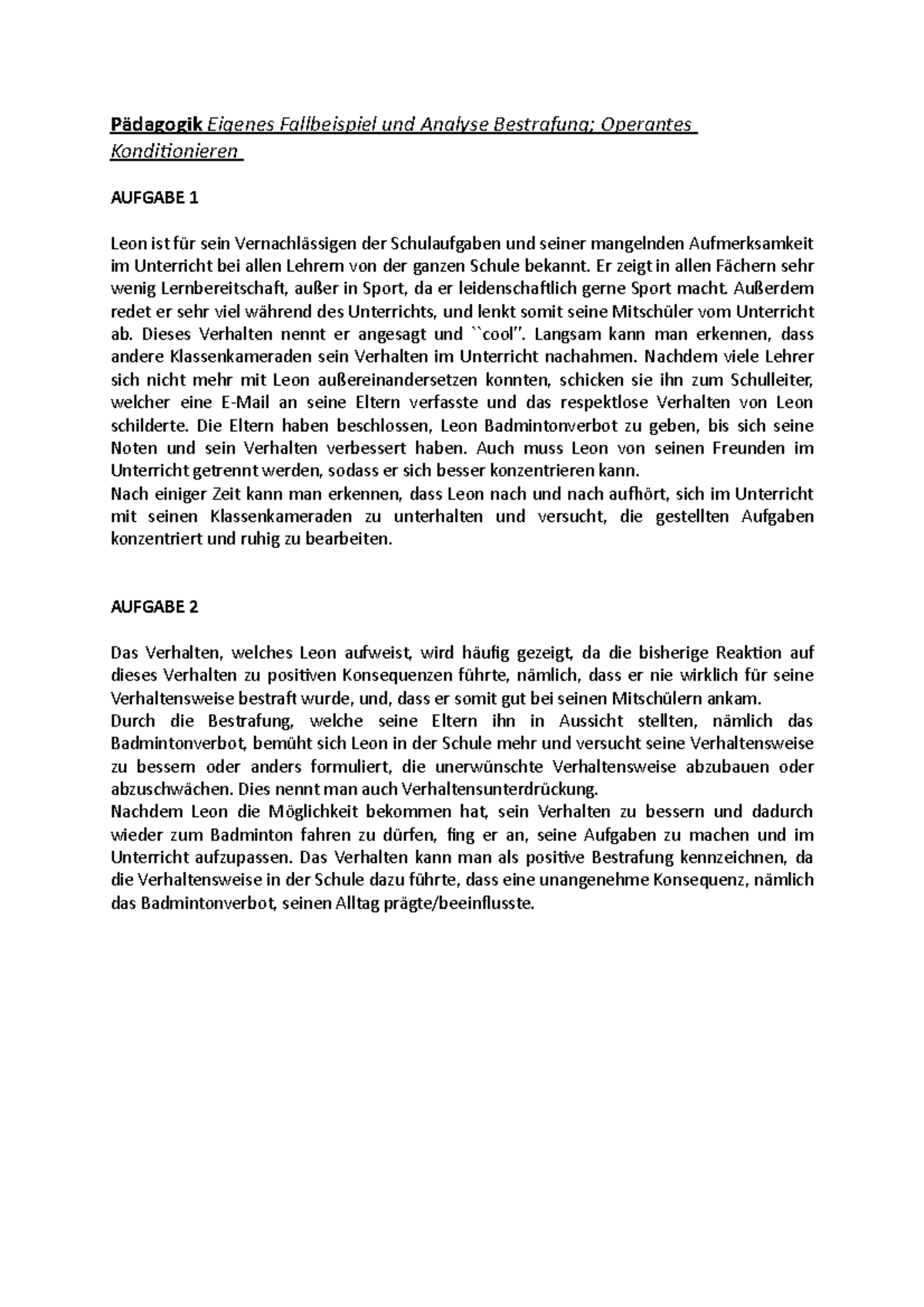 Pädagogik Eigenes Fallbeispiel und Analyse Bestrafung; Operantes