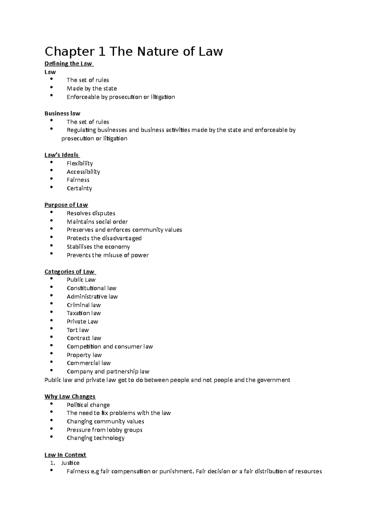 Chapter 1 The Nature of Law Justice Fairness e fair compensation or