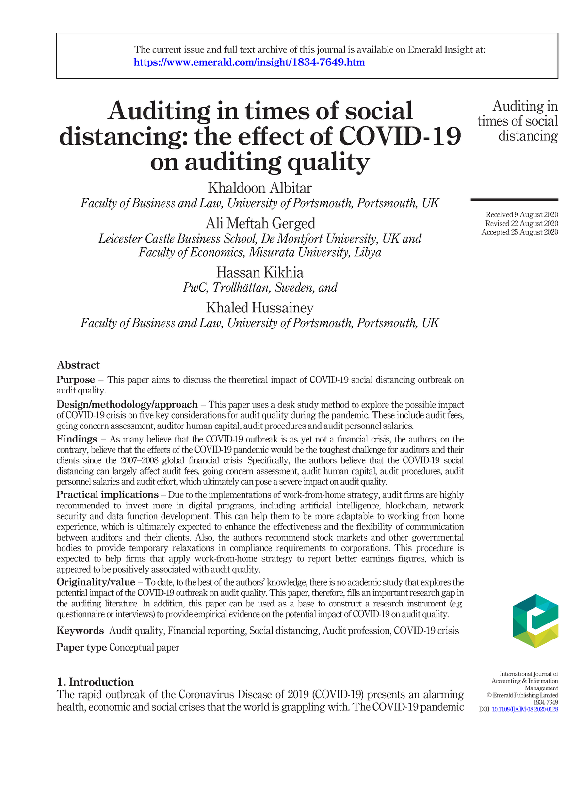 10.1108@ Ijaim-08-2020-0128 - Auditing in times of social distancing: the  effect of COVID- on - Studocu