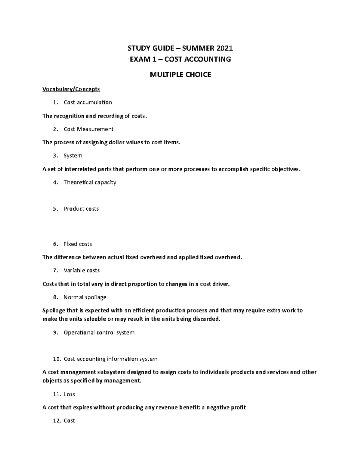 Study Guide - COST Accounting - Exam 1 Summer 2021 - STUDY GUIDE ...