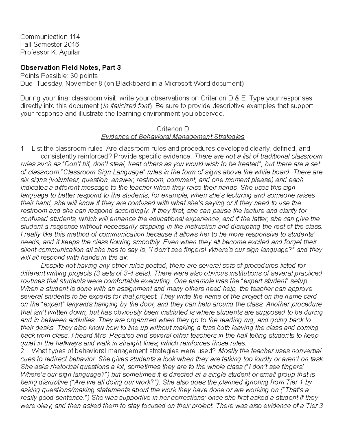 Comm - Field notes/observations - Communication 114 Fall Semester 2016 ...