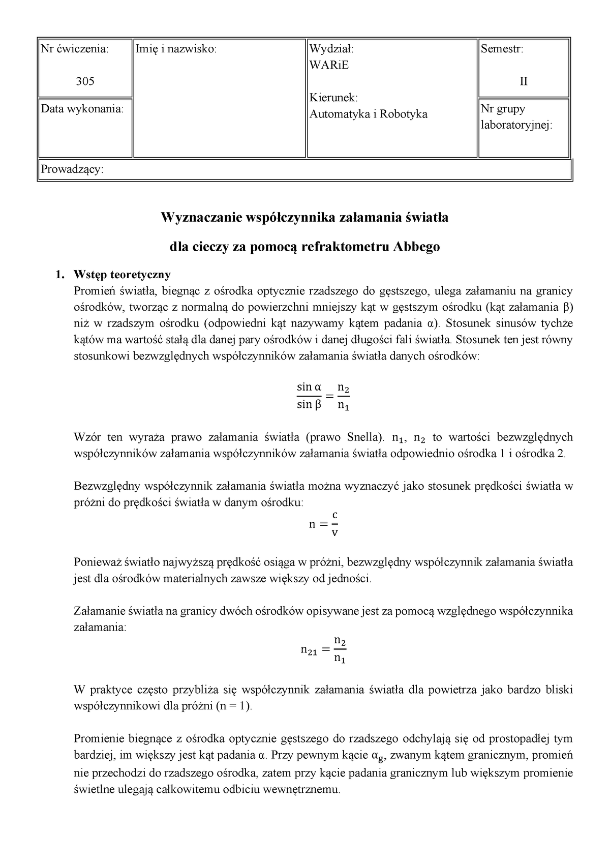 305 - 1 Część Sprawozdania 305 Z Laboratoriów Z Fizyki - Nr ćwiczenia ...