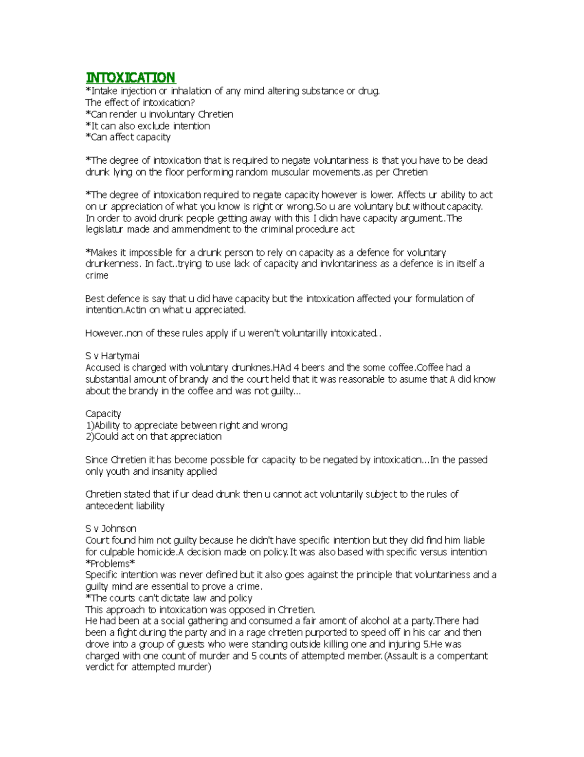 Criminal Law Intoxication - INTOXICATION *Intake injection or ...