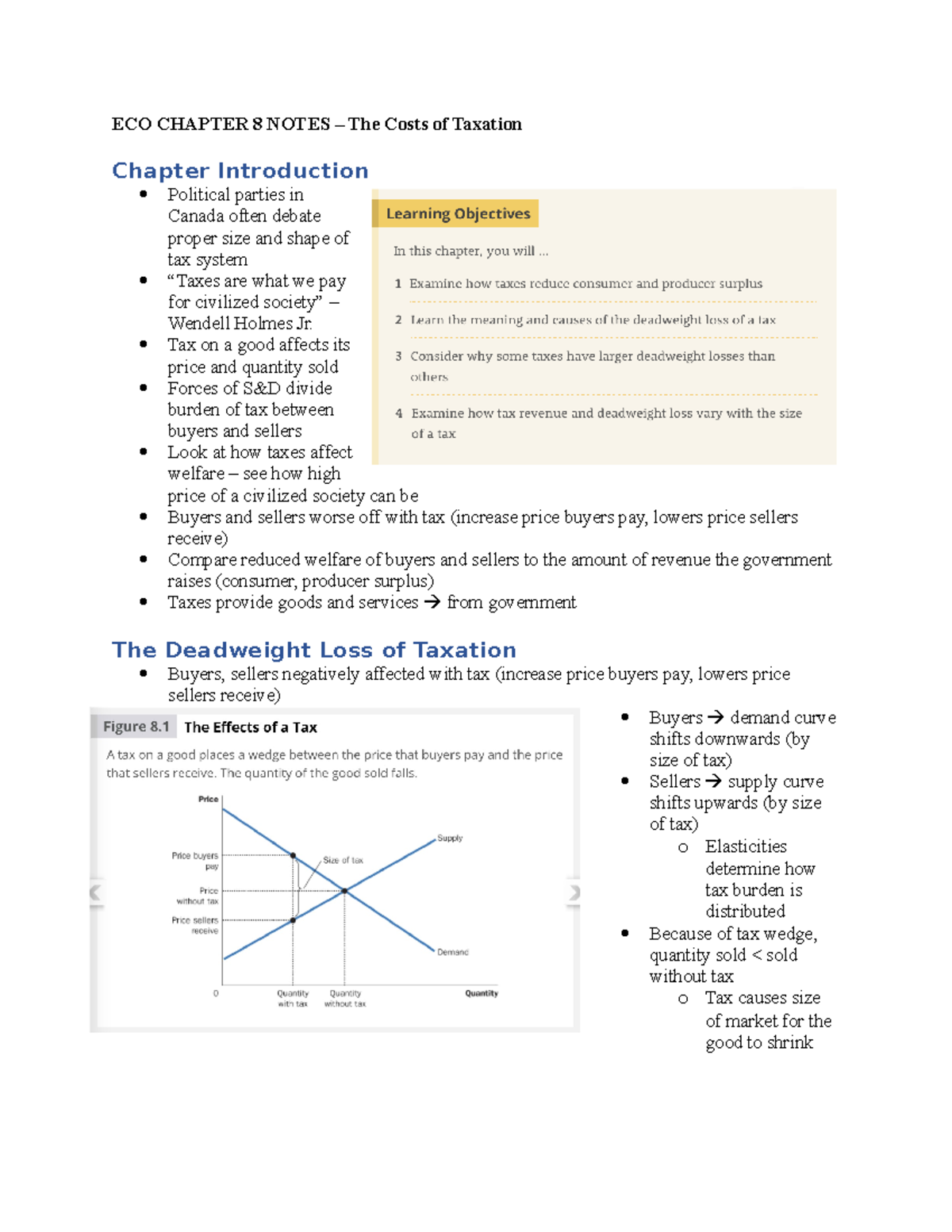ECO Chapter 8 Notes – The Costs of Taxation - ECO CHAPTER 8 NOTES – The ...