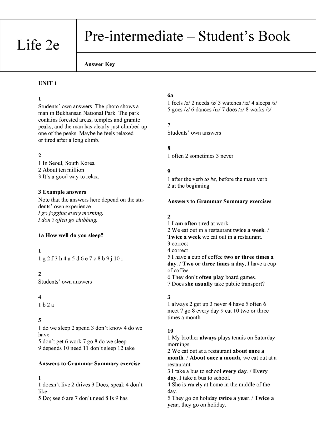 Life 2ed British Pre Intermediate Student Book Answerkey For Student 