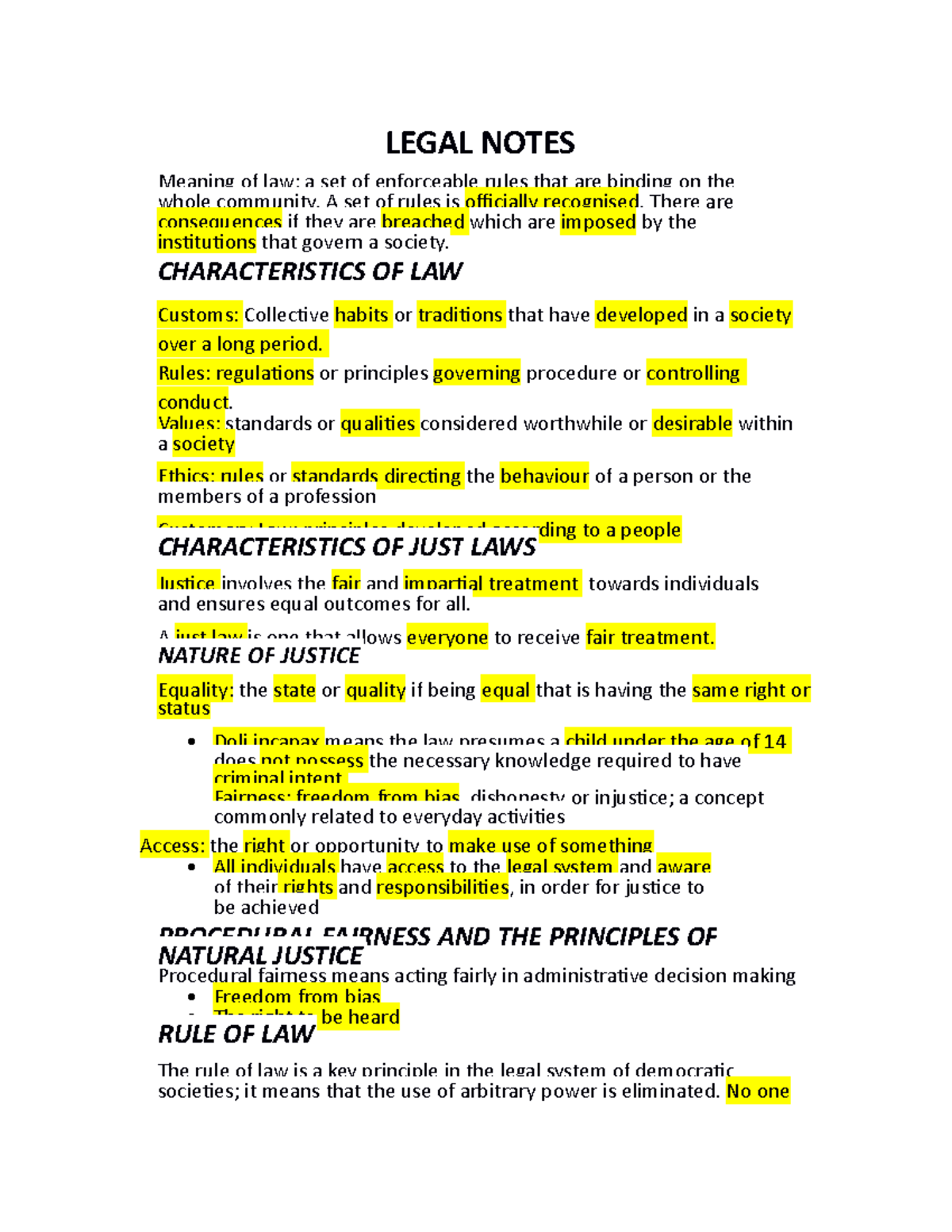 Full preliminary legal notes LEGAL NOTES Meaning of law a set of enforceable rules that are