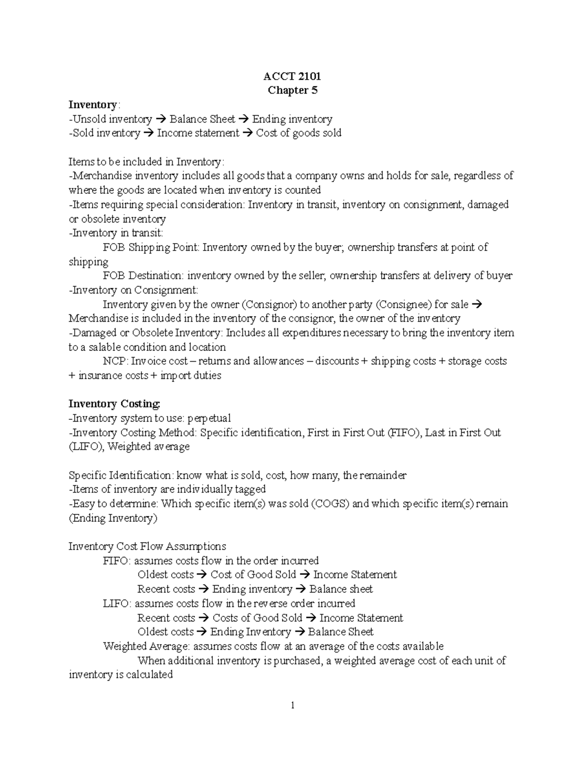 Chapter 5 Note - Note 5 - Acct 2101 Chapter 5 Inventory : -unsold 