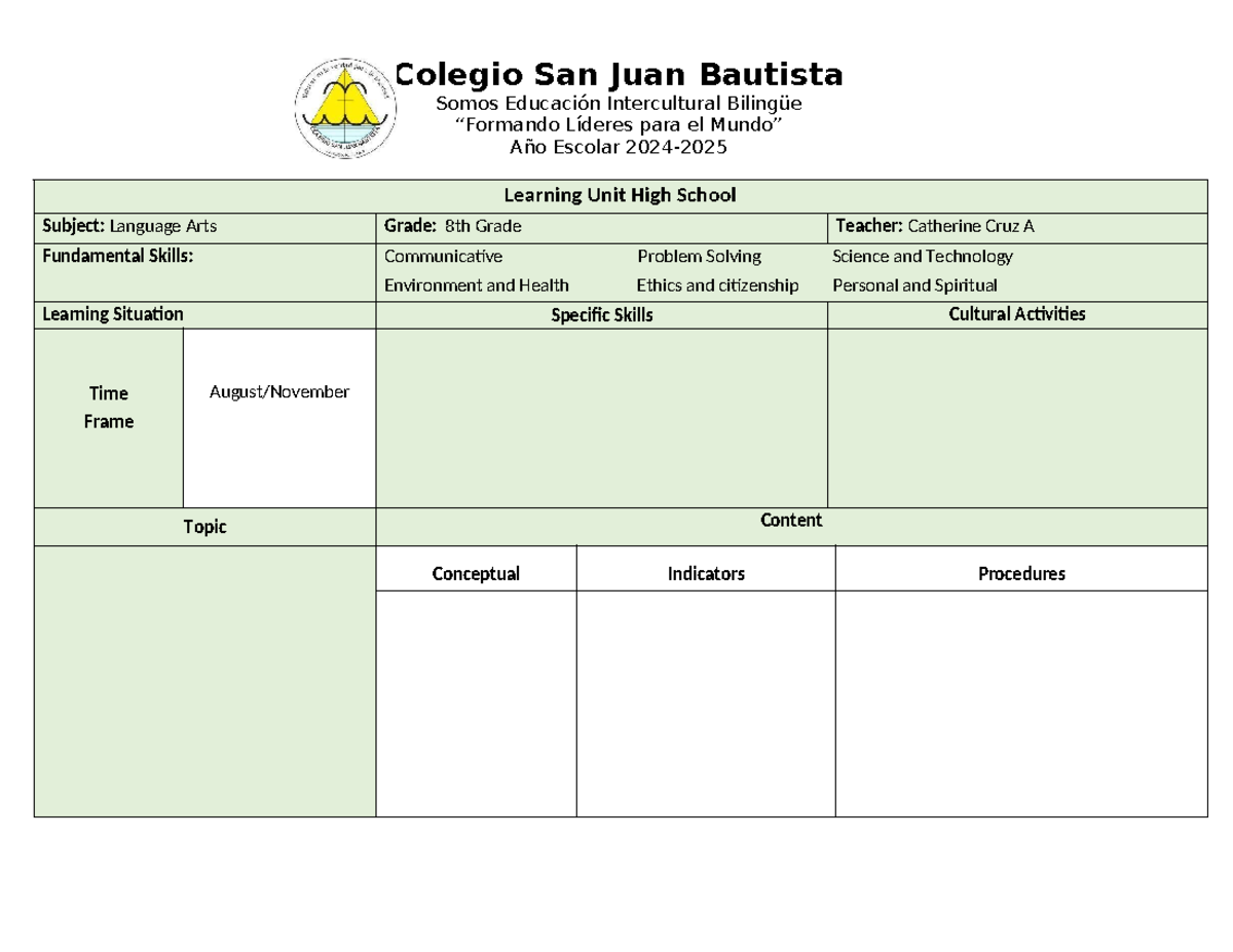 Unit Plan P1 - Plan de unidad - Colegio San Juan Bautista Somos ...