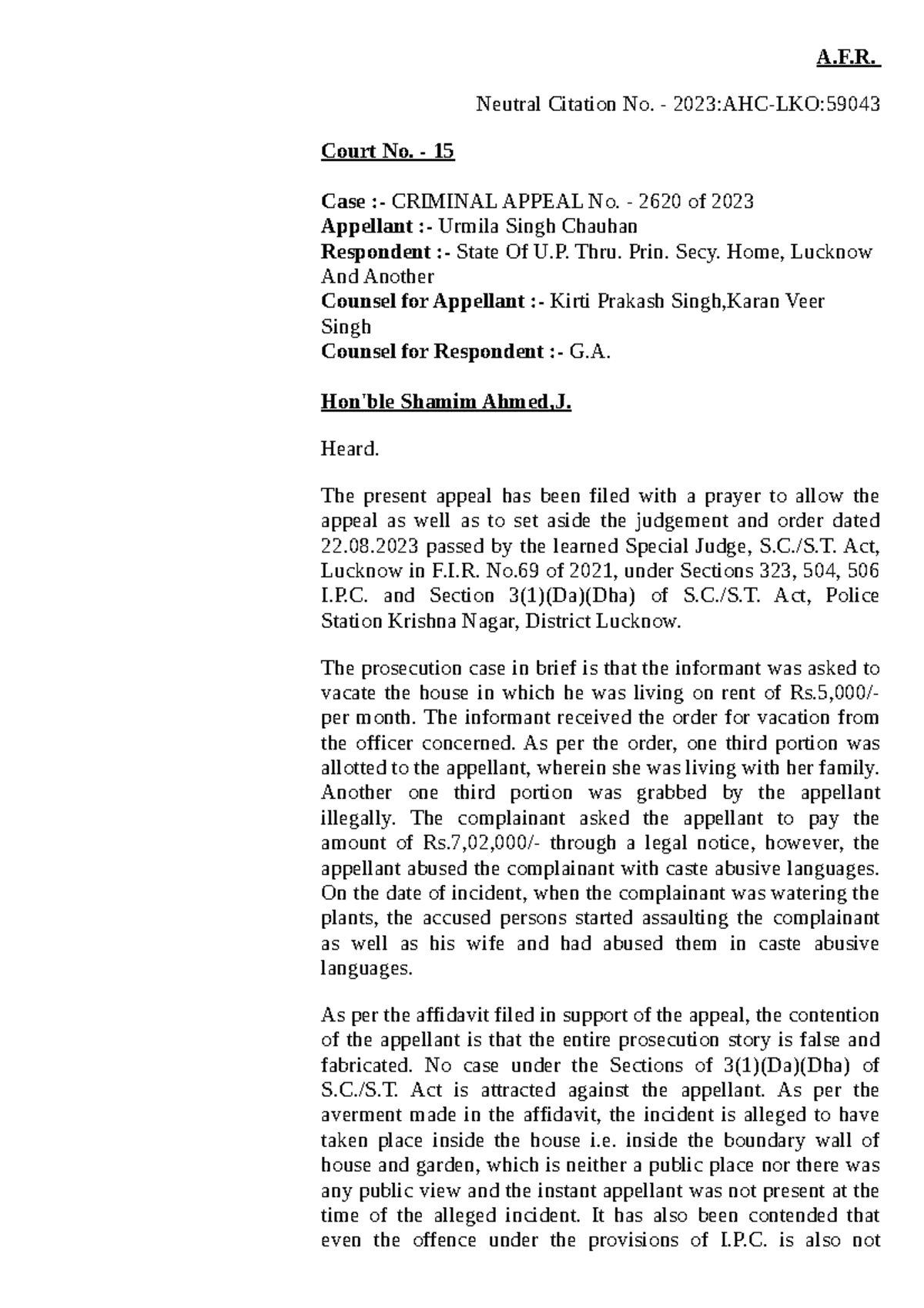 CRLA(L) 2620 2023 - Judgment - A.F. Neutral Citation No. - 2023:AHC-LKO ...