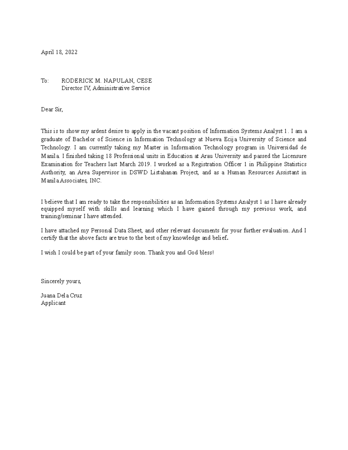 Application Letter - none - April 18, 2022 To: RODERICK M. NAPULAN ...