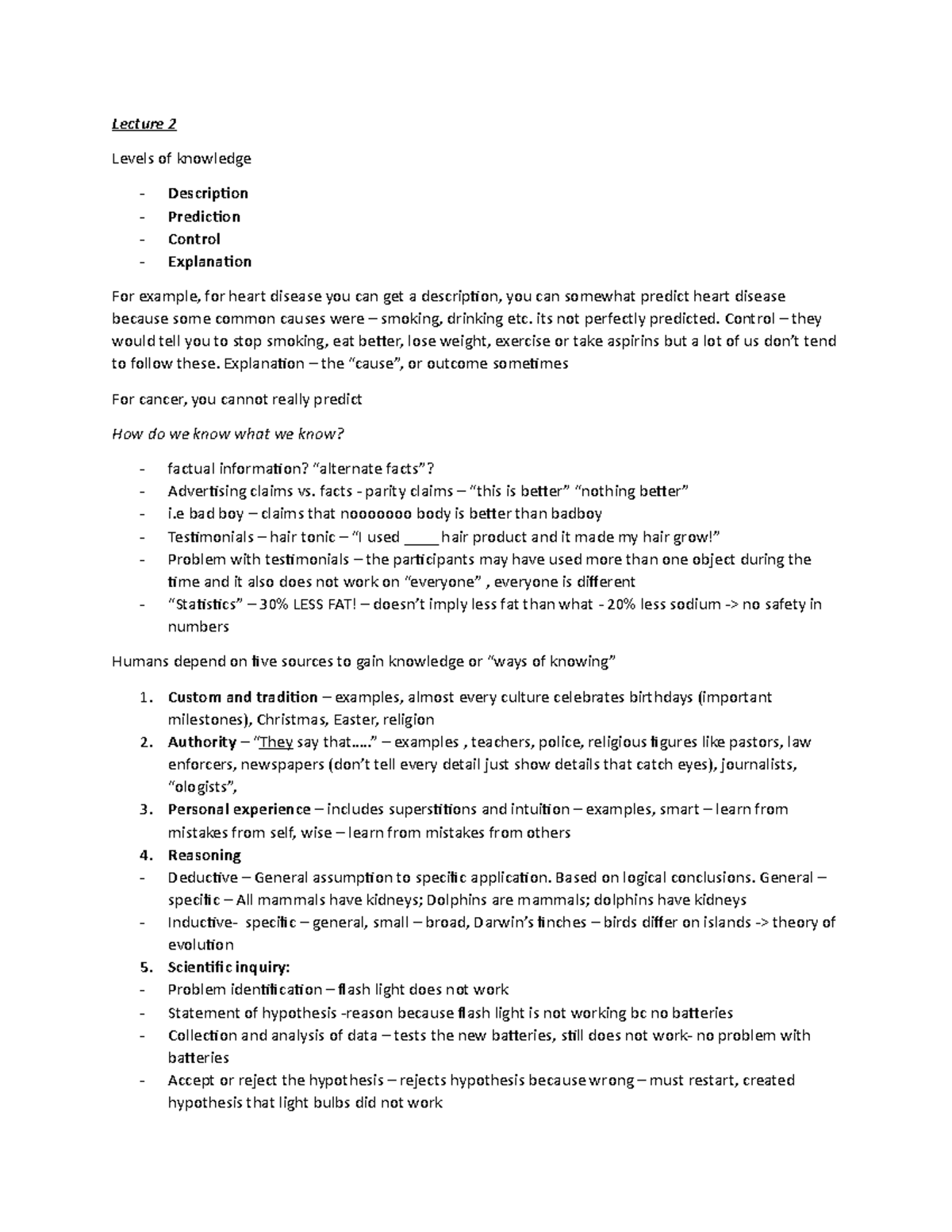 Lecture 2 - Lecture 2 Levels of knowledge - Description Prediction ...