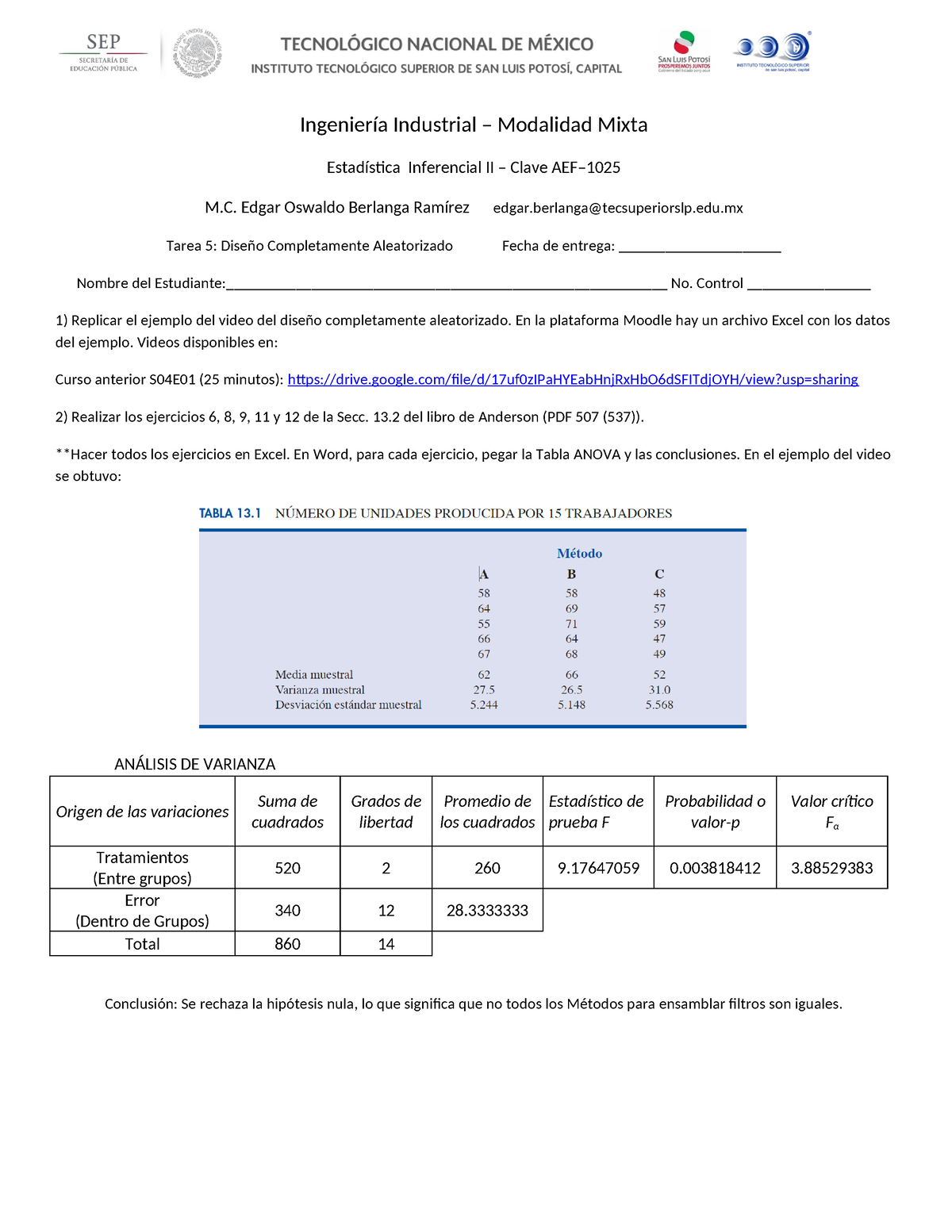 Estadistica Inferencial II - Tarea 5 - Diseño Completamente ...