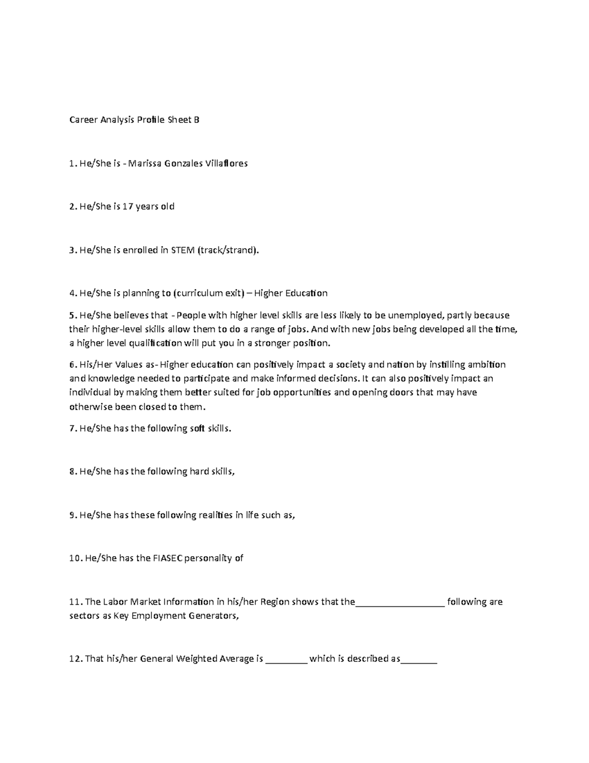 Document - Assignment - Career Analysis Profile Sheet B He/She Is ...