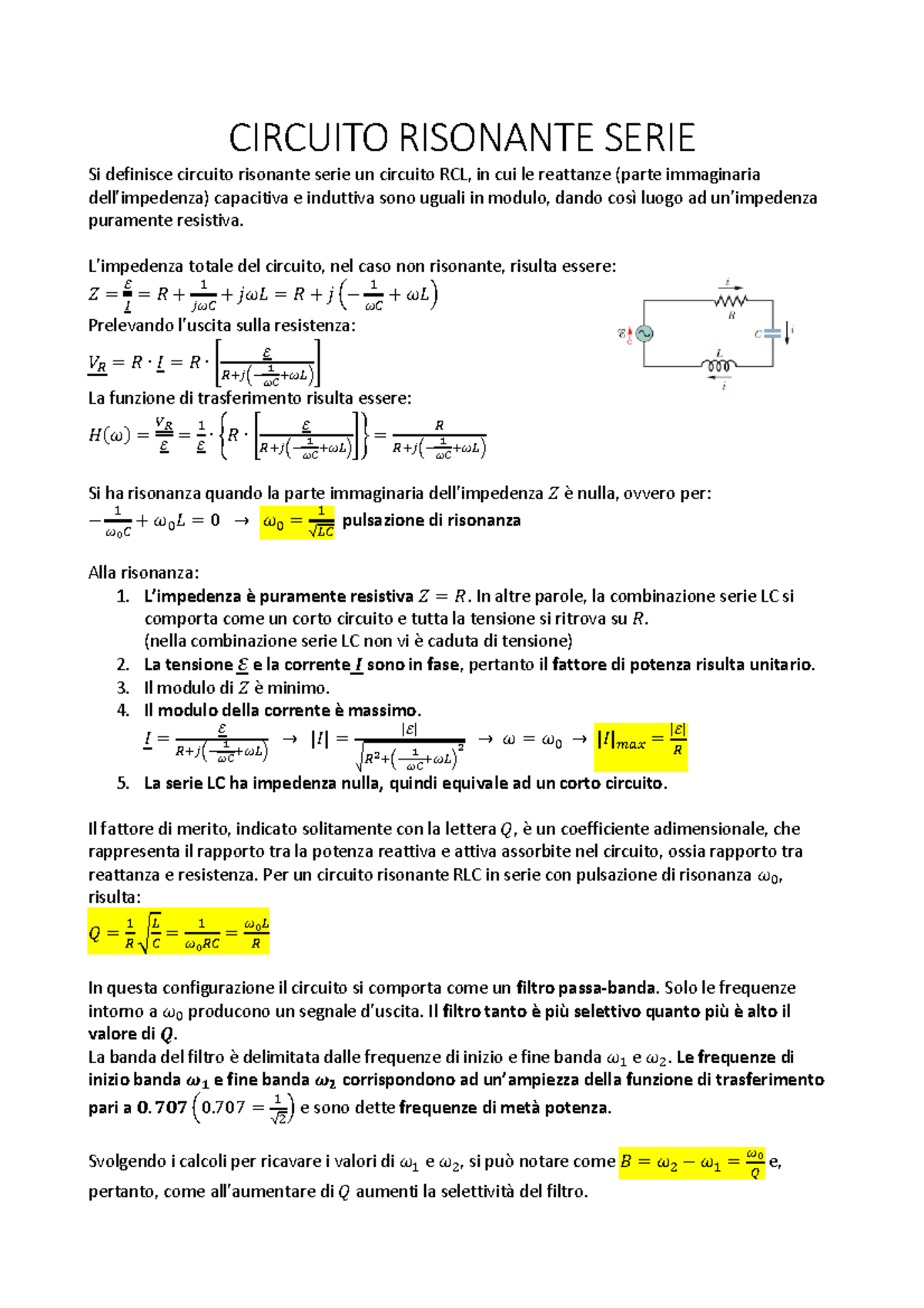 Riassunti - Riassunto Elettrotecnica - CIRCUITO RISONANTE SERIE Si ...