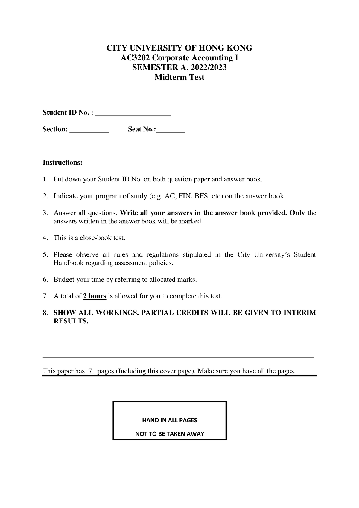 AC3202 Midterm 2022-23A Suggested Solutions - CITY UNIVERSITY OF HONG ...