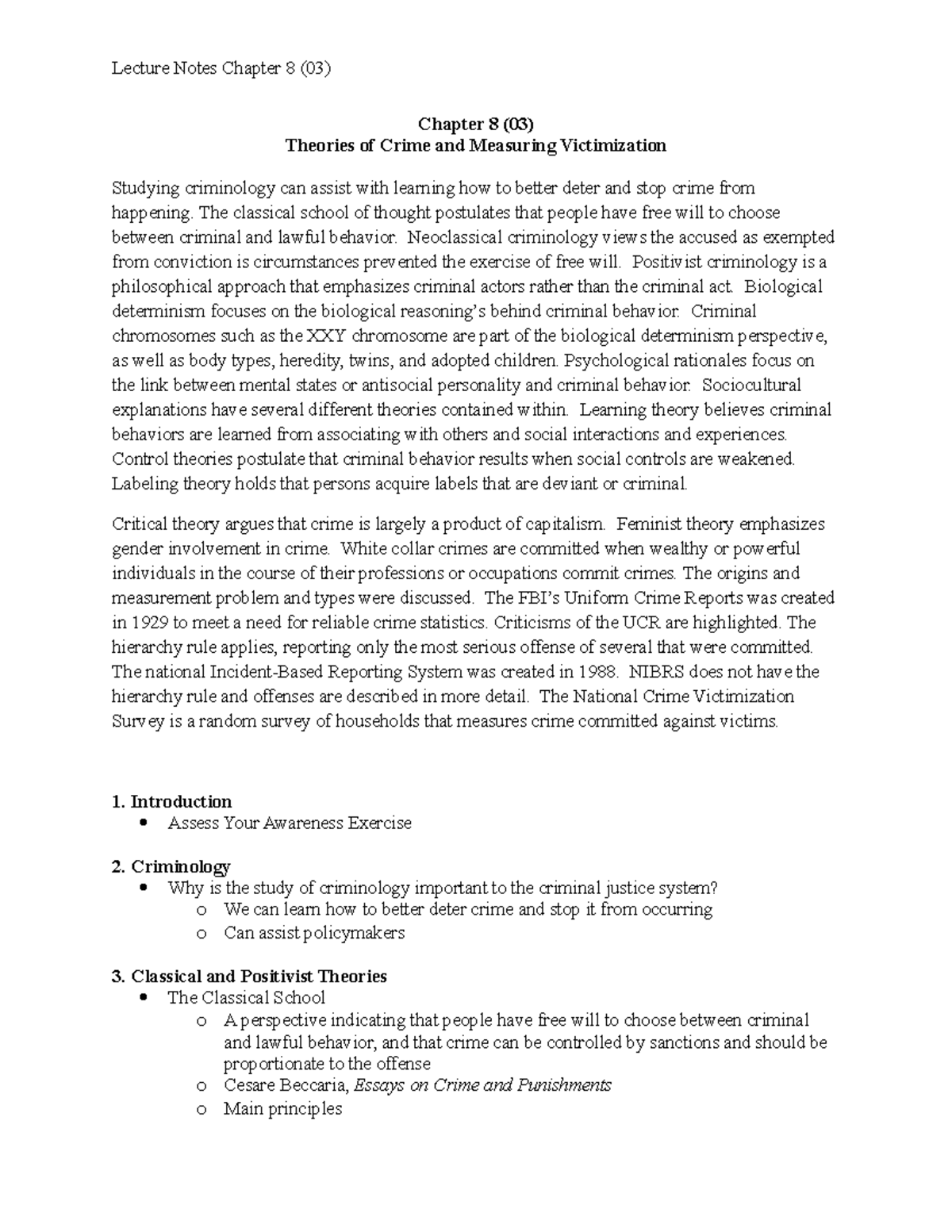 Chapter 3 Lecture Notes Theories Of Crime And Measuring Victimization ...