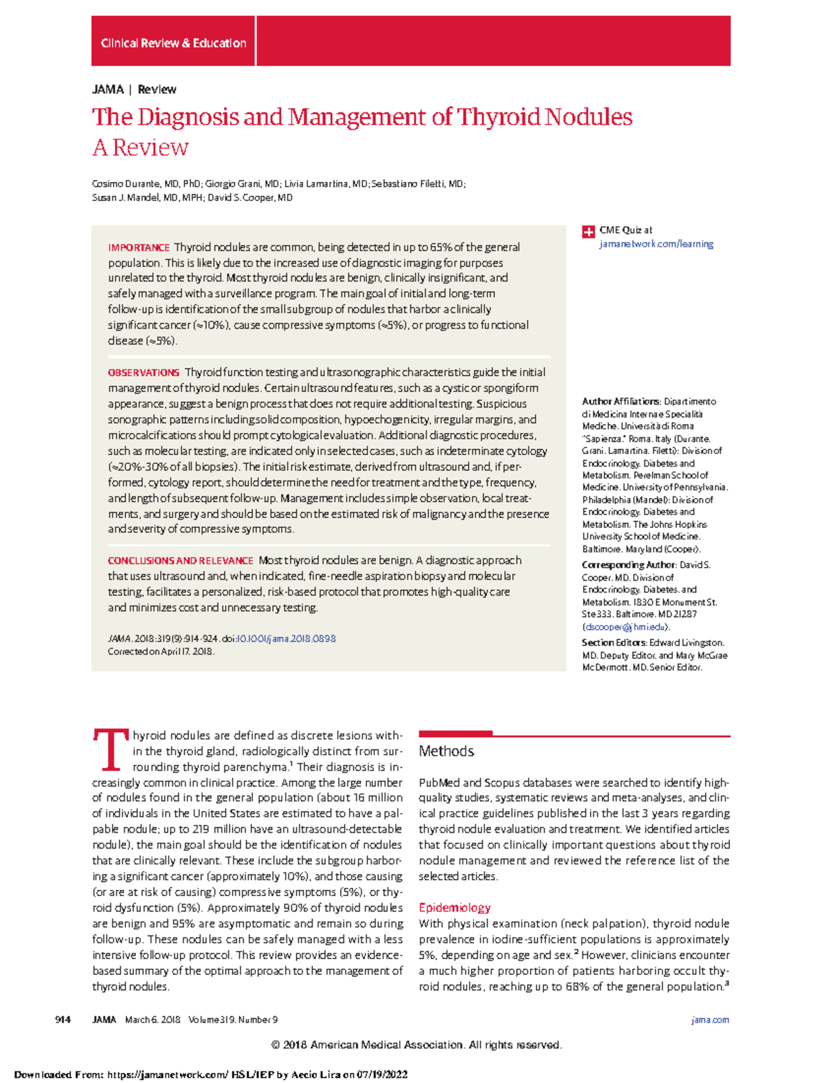 The Diagnosis and Management of Thyroid Nodules A Review Cosimo Durante ...