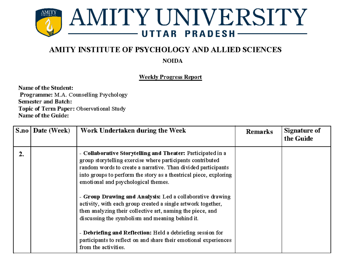2 Wpr Week 2 Weekly Progress Report Of Week 2 Name Of The Student