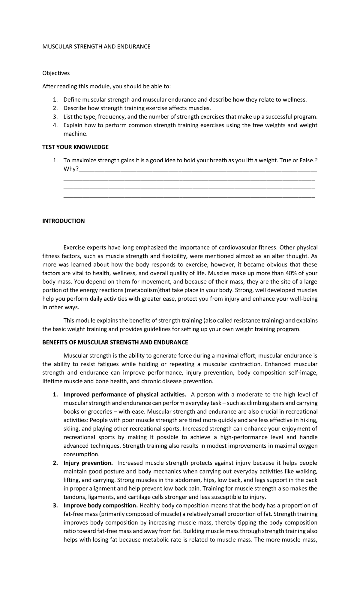 Module 4. Muscular Strength AND Endurance - MUSCULAR STRENGTH AND ...