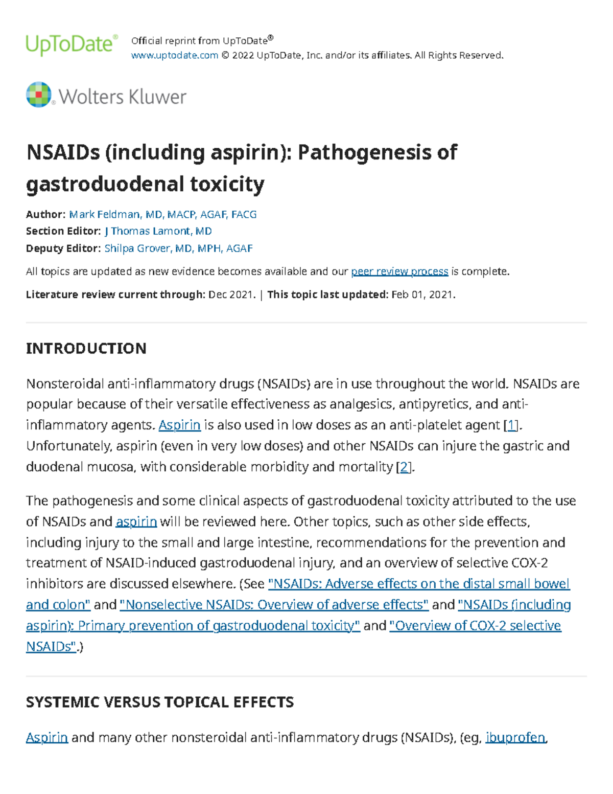 NSAIDS and Aspirin Pathogenesis GI injury Official reprint from