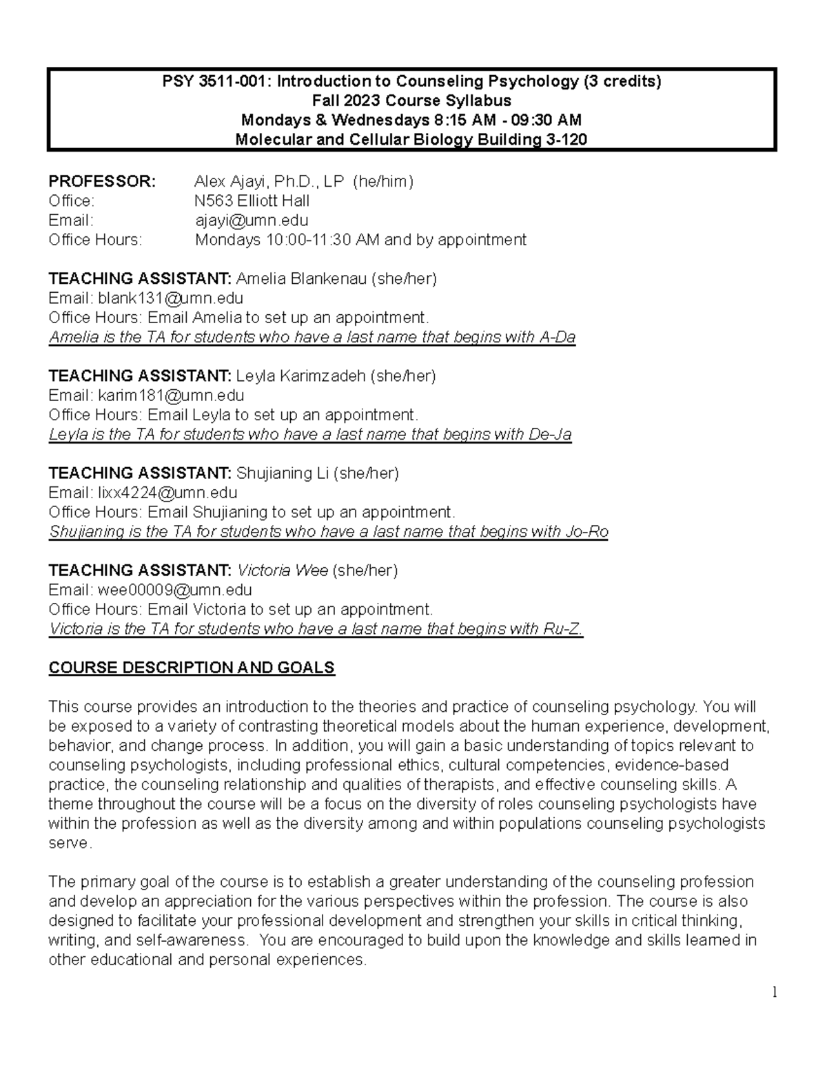 2023 Fall Syllabus - PSY 3511-001: Introduction to Counseling ...