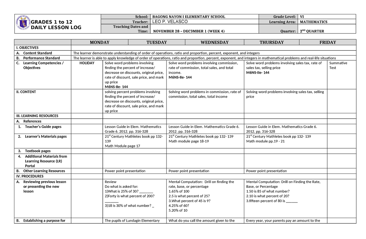 MATH DLL Q2 WEEK 4 - biology - GRADES 1 to 12 DAILY LESSON LOG School ...