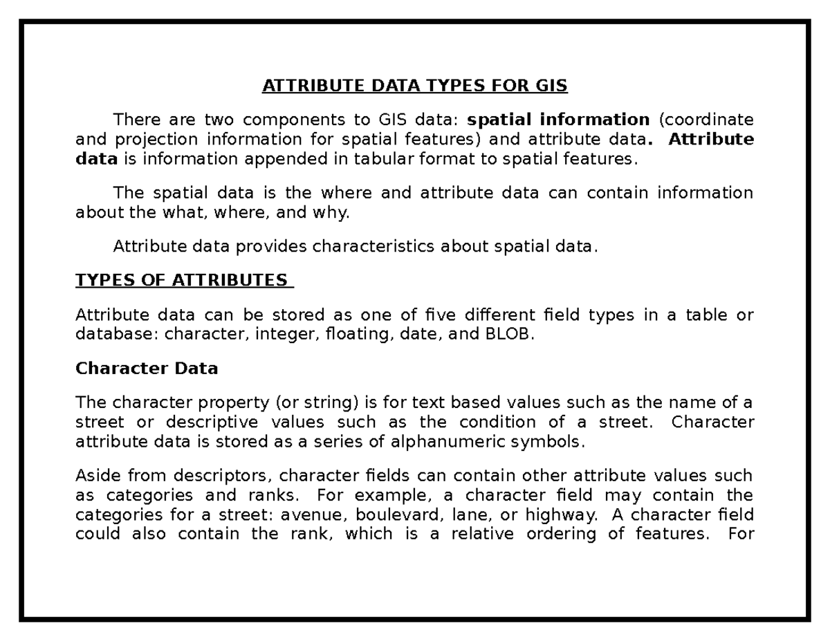 Attribute Data Types For Gis ATTRIBUTE DATA TYPES FOR GIS There Are 