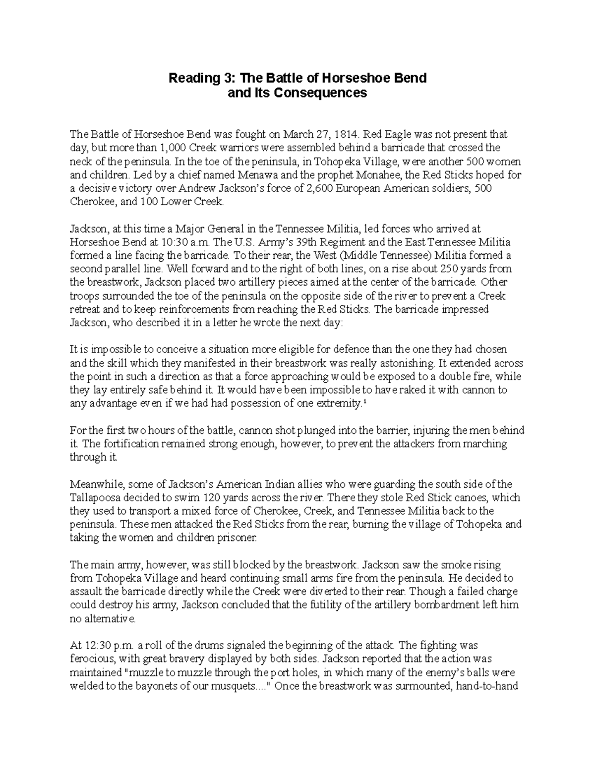 Battle of Horseshoe Bend Activity Reading 3 The Battle of Horseshoe