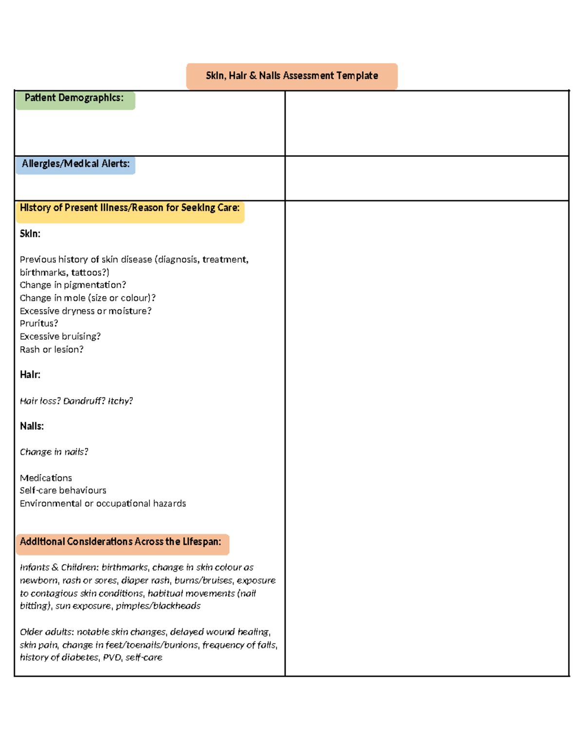 Skin Hair Nails Assessment - Skin, Hair & Nails Assessment Template ...