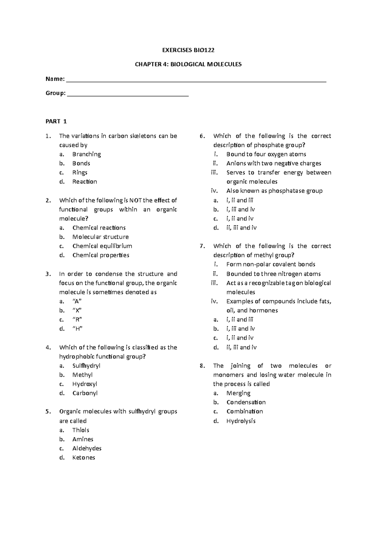 Chap 4 Exercises BIO122 - EXERCISES BIO CHAPTER 4 : BIOLOGICAL ...