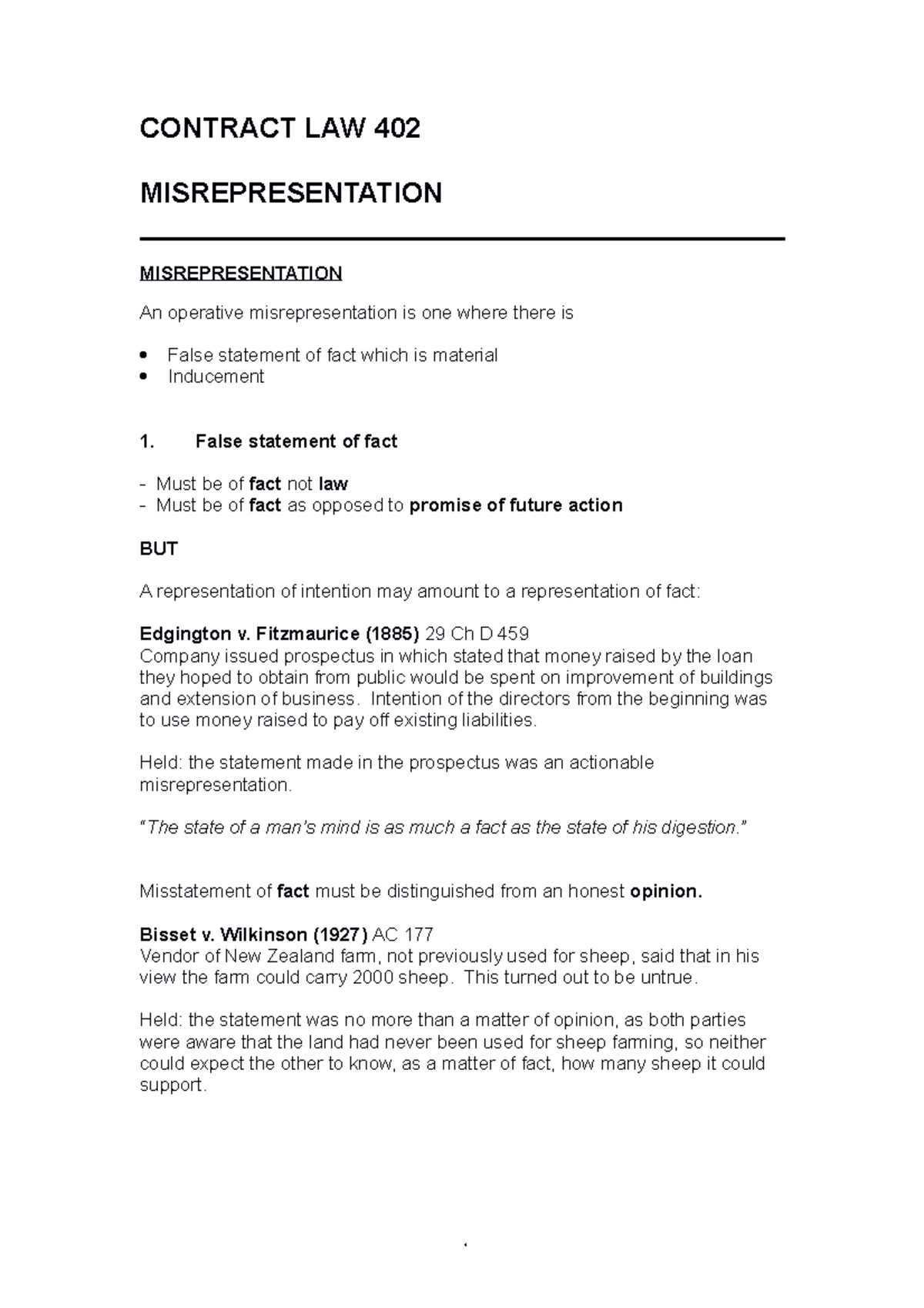 Misrepresentation-handout - CONTRACT LAW 402 MISREPRESENTATION ...