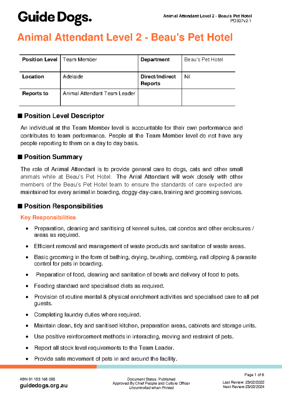 Animal Attendant Level 2 Beaus Pet Hotel PD937v2. Page 1 of 6