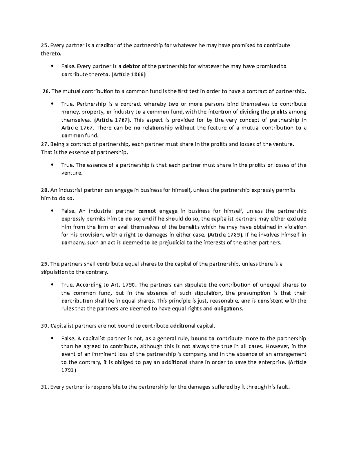 Exam 11 June 2020, questions and answers - Every partner is a creditor ...