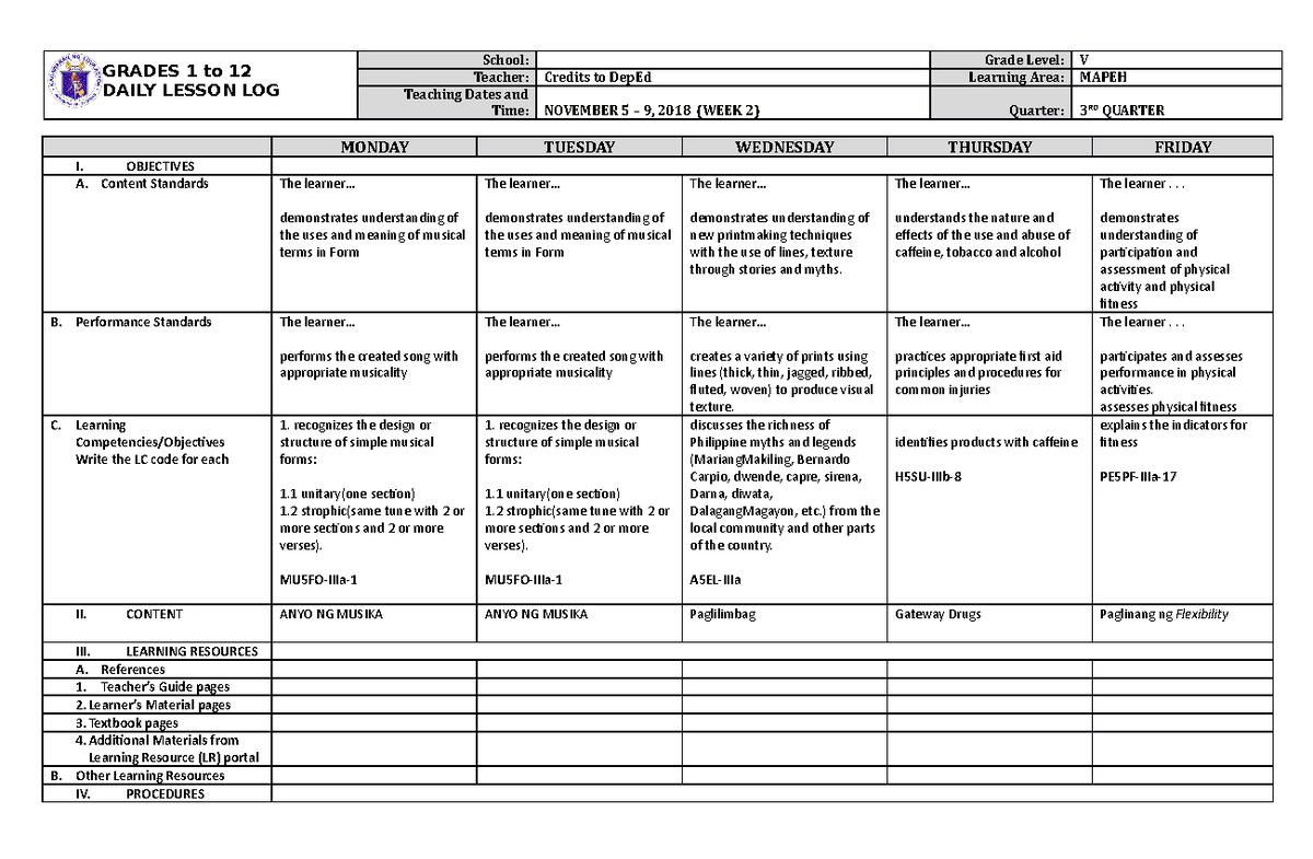 DLL Quarter 3 Week 2 Mapeh 5 - GRADES 1 to 12 DAILY LESSON LOG School ...