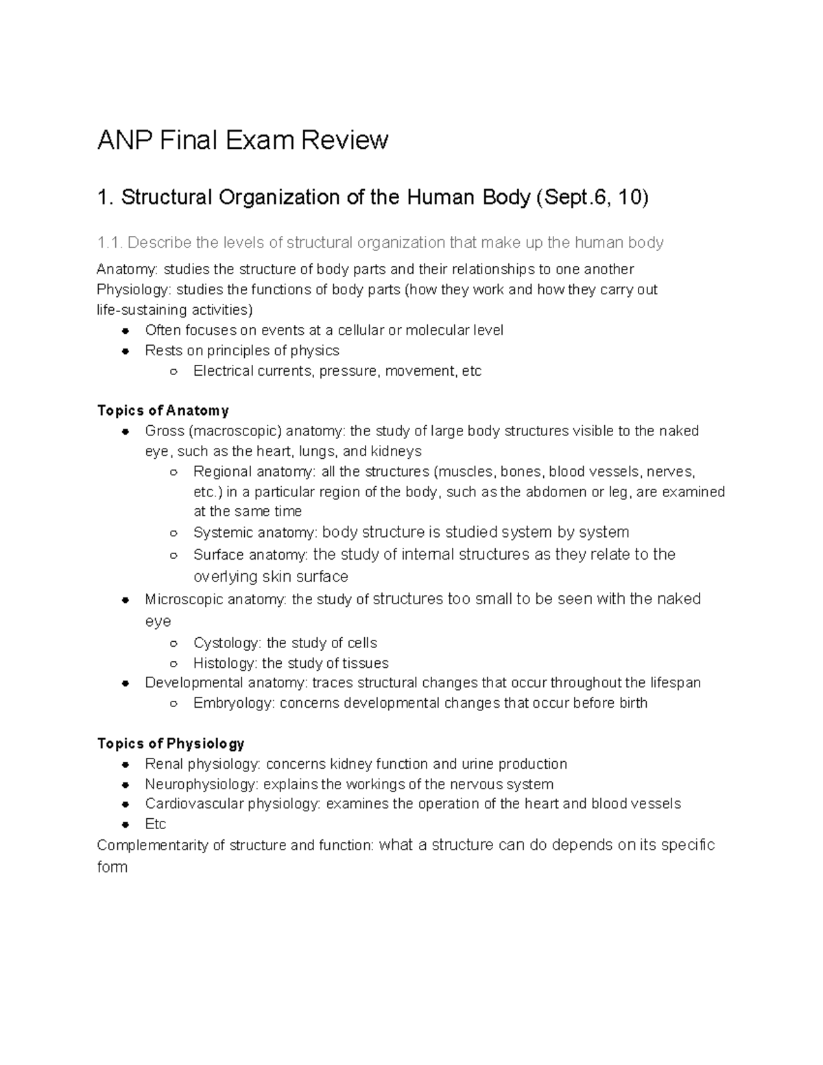 ANP Final Exam Review - Structural Organization of the Human Body (Sept ...