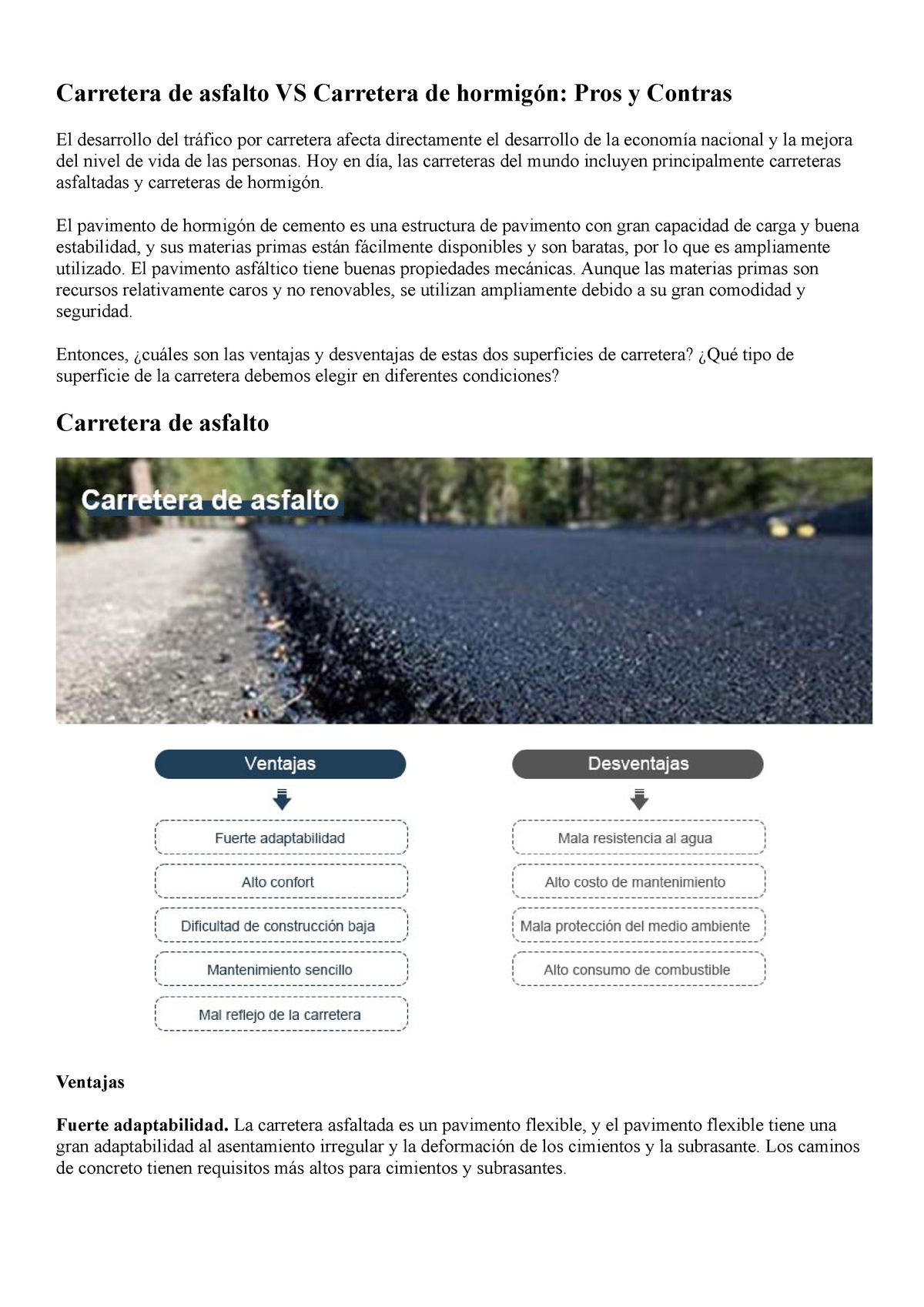 Resume de ventajas y desventajas del asfalto Carretera de asfalto VS Carretera de hormigón