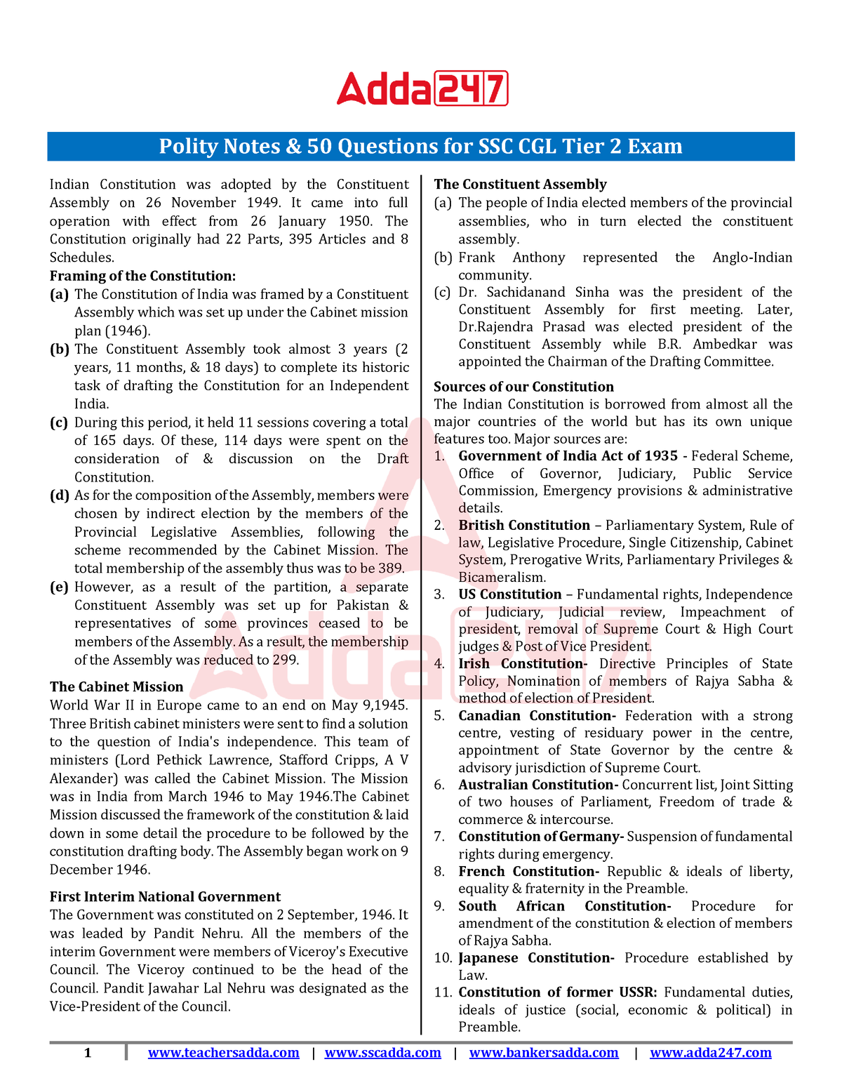 Polity Notes 50 Questions For SSC CGL Tier 2 Exam - Polity Notes & 50 ...