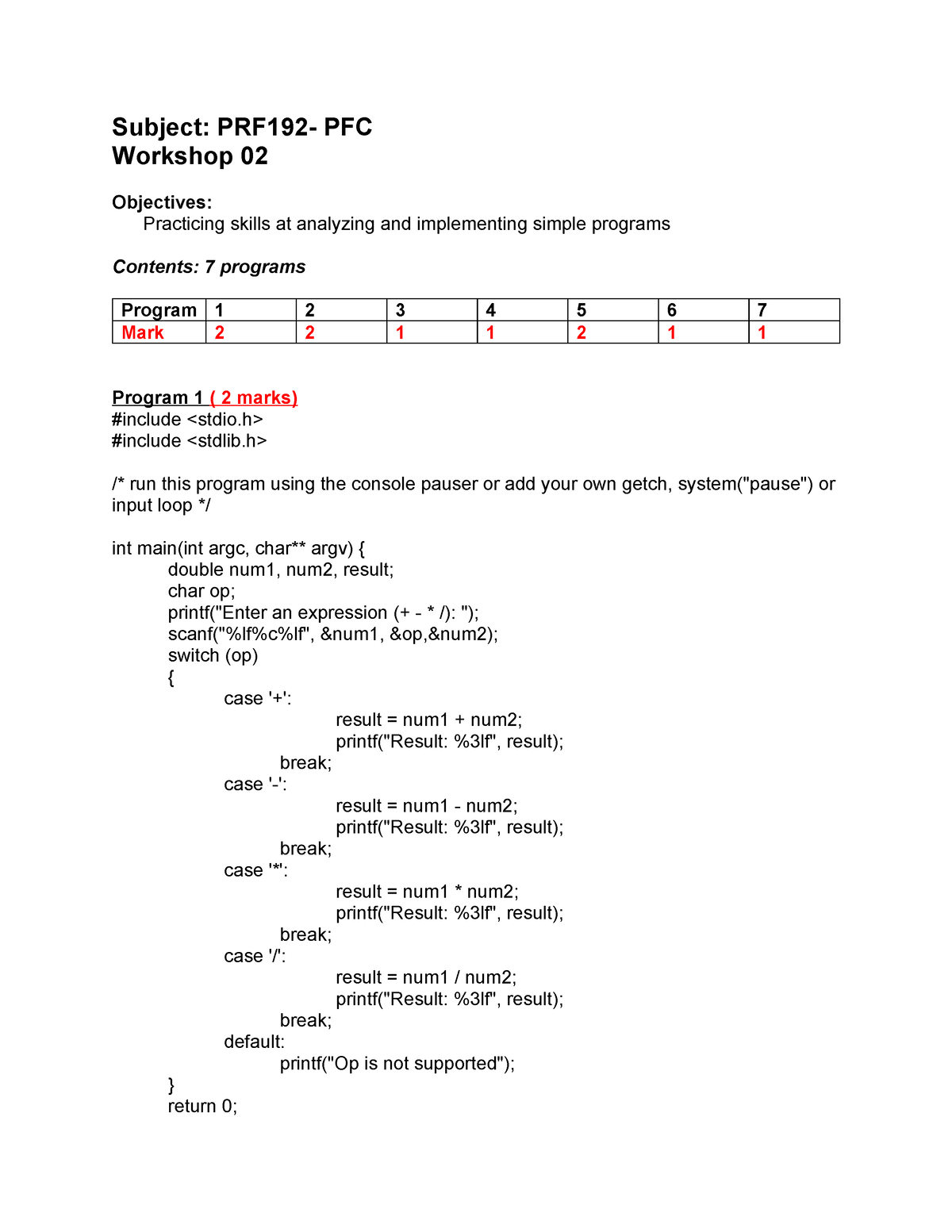 PFC - Workshop 02 - Practice C - Subject: PRF192- PFC Workshop 02 ...