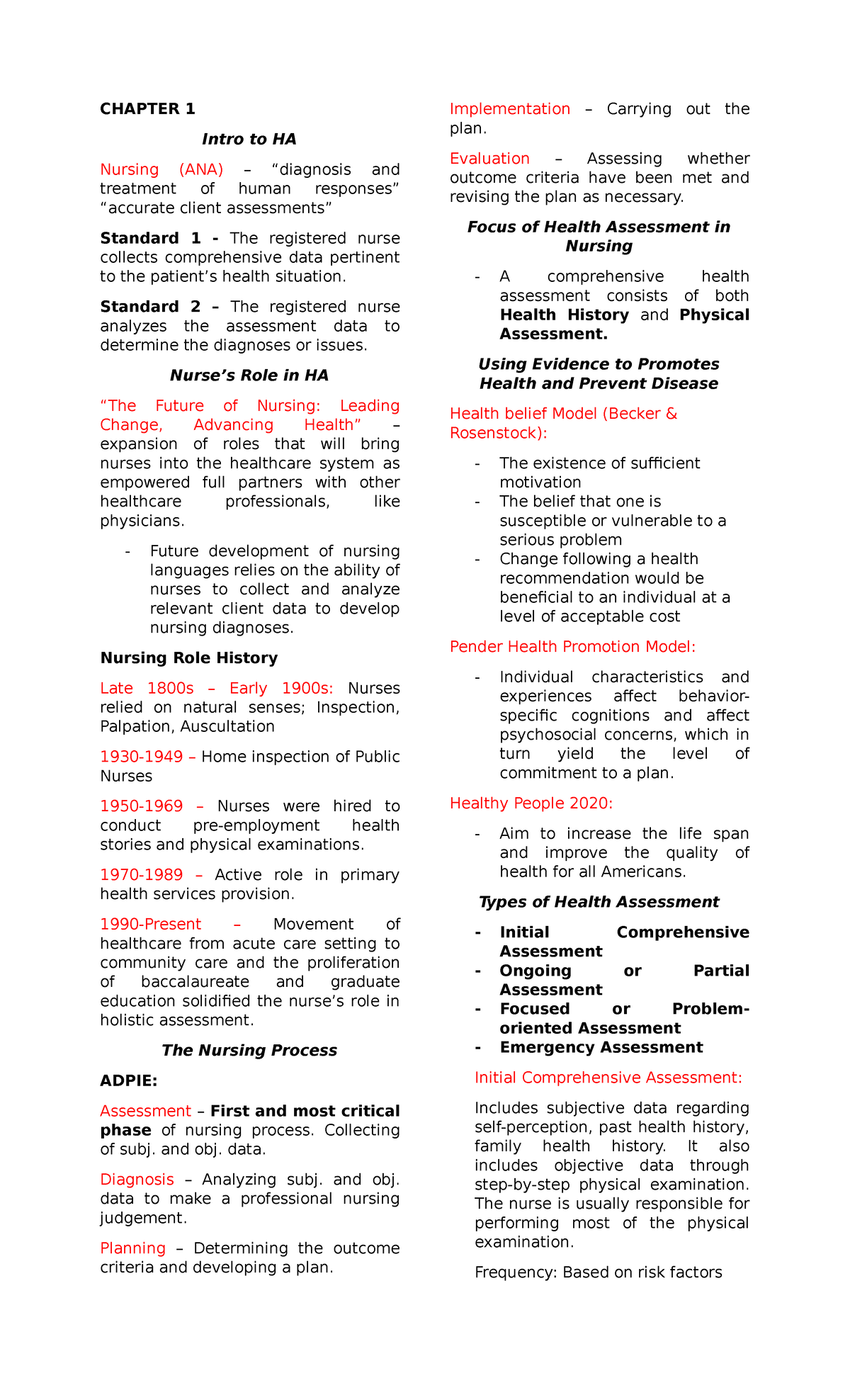 Health Assessment - CHAPTER 1 Intro to HA Nursing (ANA) – “diagnosis ...