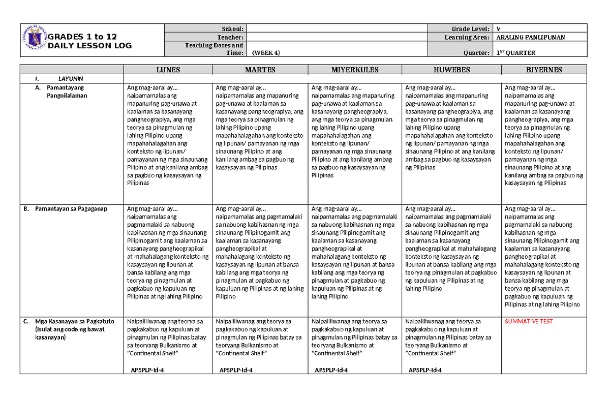 DLL Araling Panlipunan 5 Q1 W4 - GRADES 1 to 12 DAILY LESSON LOG School ...