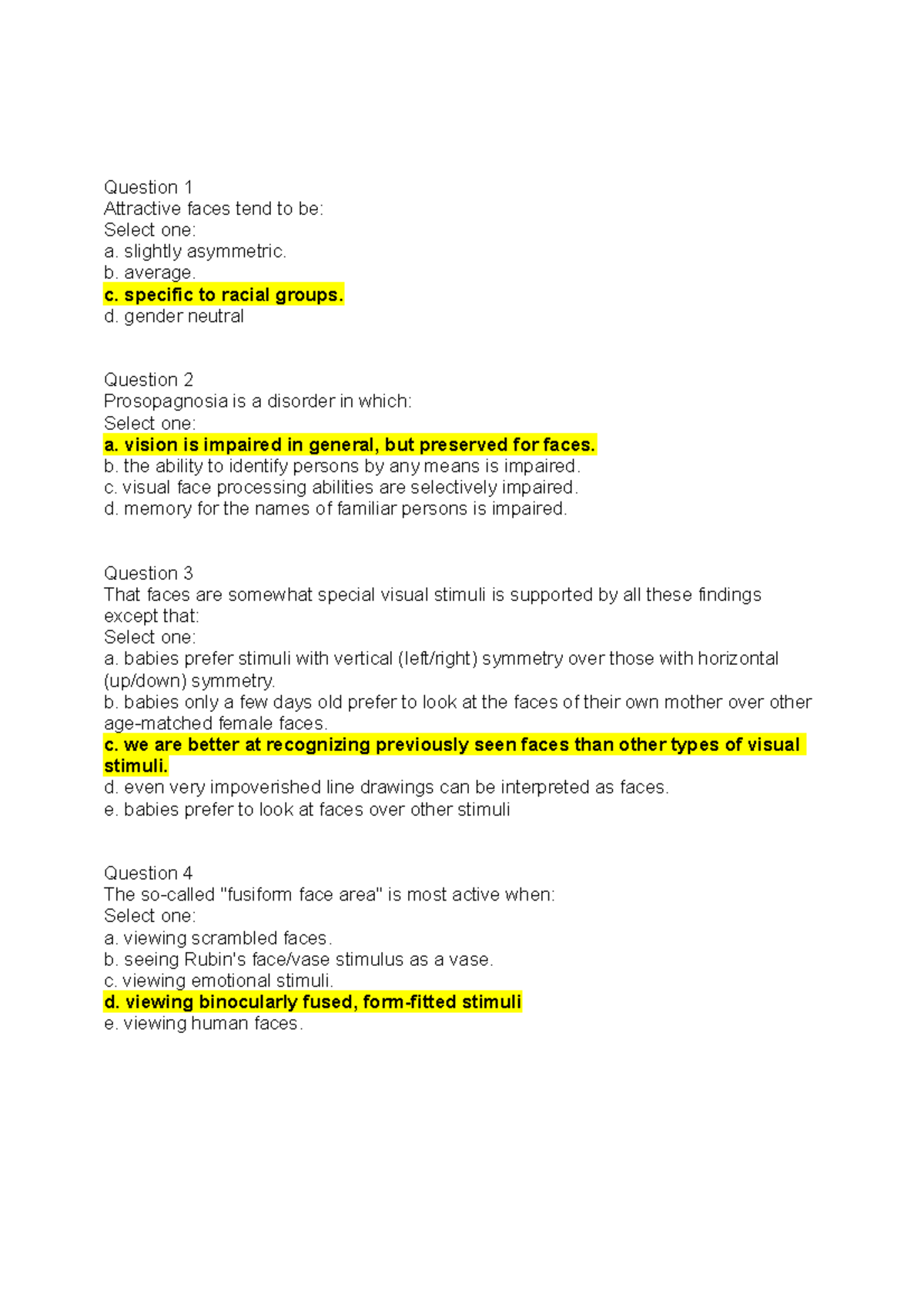 Perception PSYU2247 Assessed Online Quiz Face Perception 100 correct
