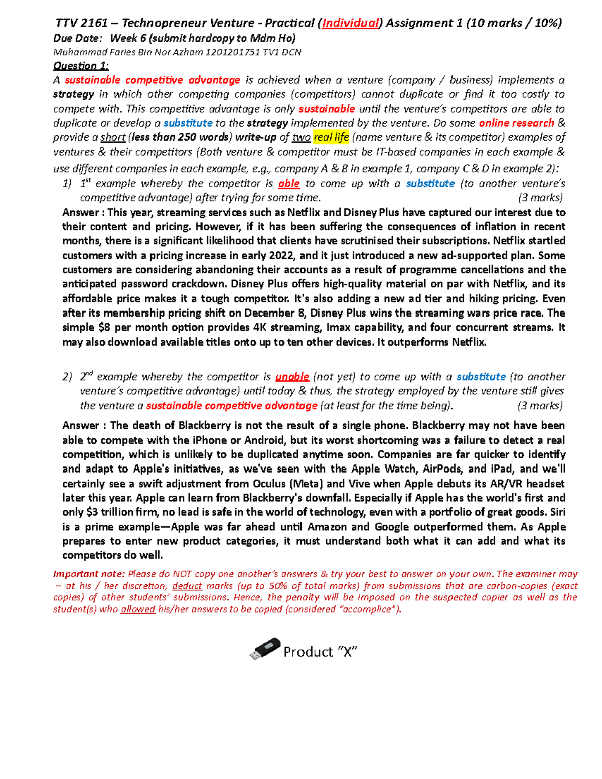 Assignment 1 - TTV2161 - Product “X” TTV 2161 – Technopreneur Venture ...