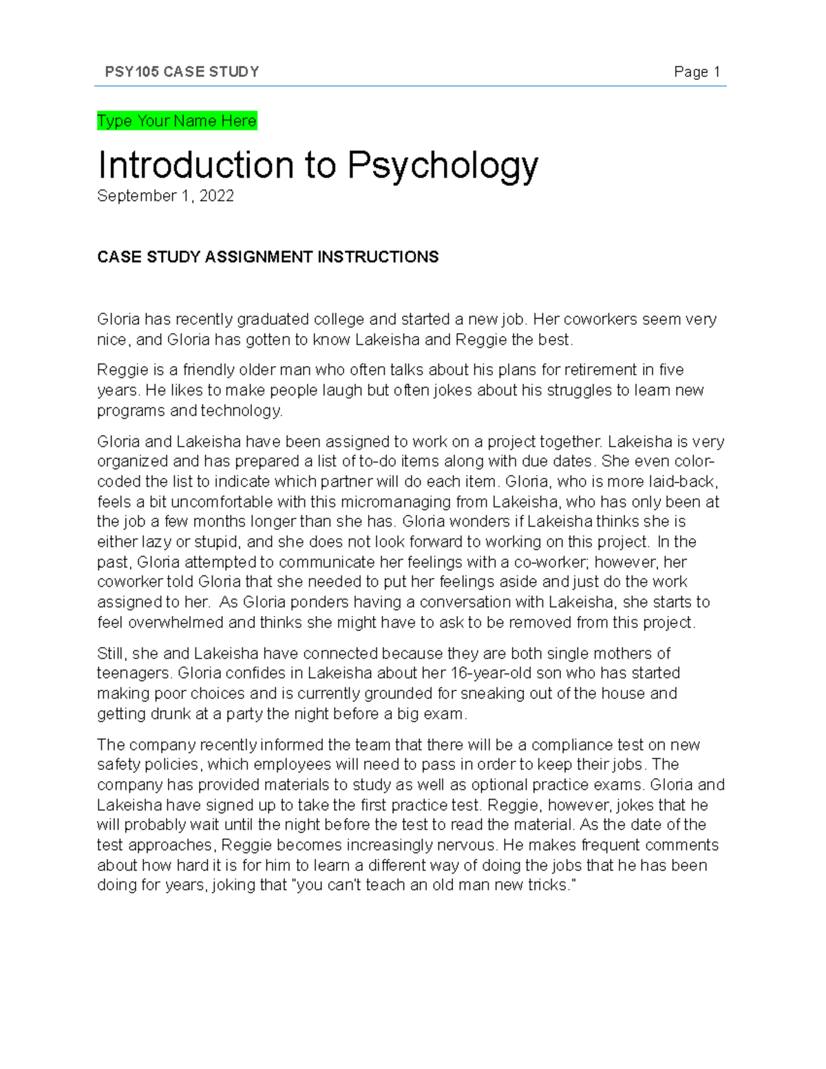 intro to psychology case study