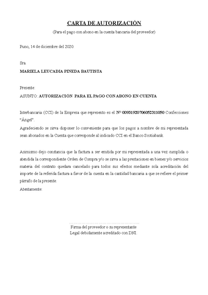 Carta Autorizacion - FGHVVVVVVV - CARTA DE AUTORIZACIÓN (Para el pago con  abono en la cuenta - Studocu