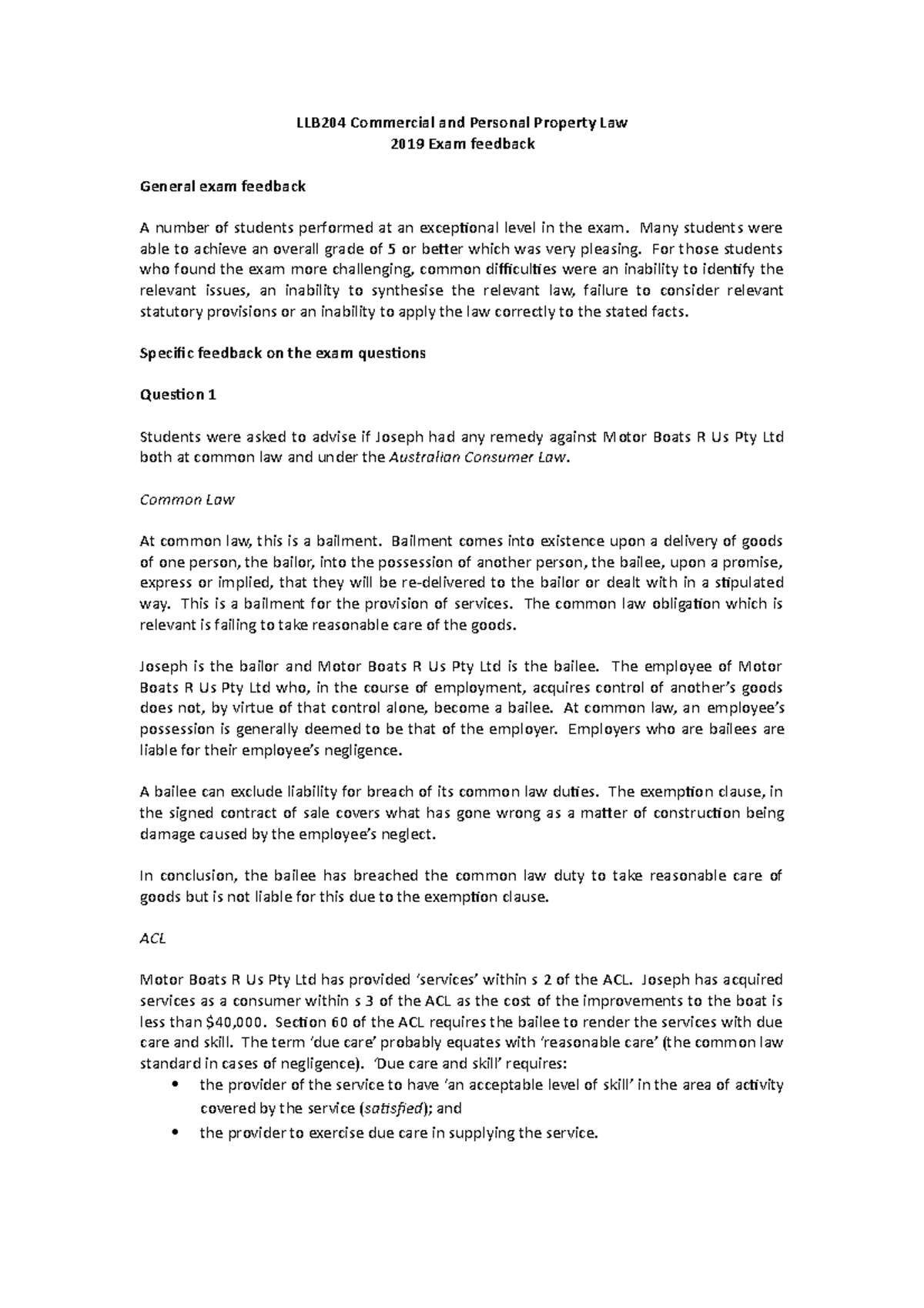 Exam 3 December 2019, answers LLB204 Commercial and Personal Property