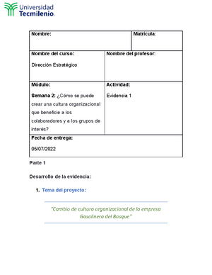 Evidencia 1. Dirección estrategica - Nombre del alumno: Matrícula ...
