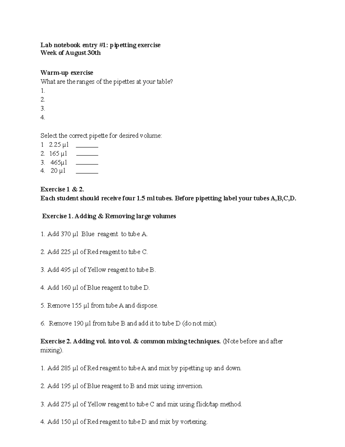 PipettingExercise2 Lab Lab notebook entry 1 pipetting